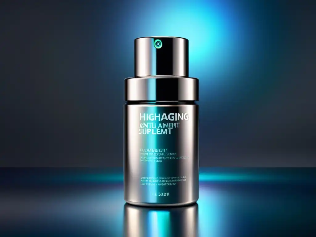 Suplemento antiaging de lujo: diseño futurista y elegancia Un lujoso suplemento antienvejecimiento de alta gama en una botella plateada futurista, con un diseño elegante y sofisticado