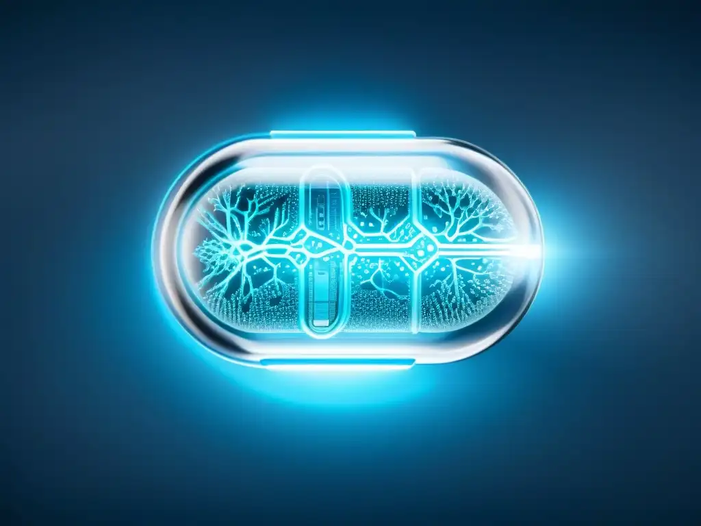 Píldora futurista con circuitos brillantes: potencial de nootrópicos Un macrodetalle de una cápsula transparente llena de diseño futurista con circuitos, iluminada con un suave resplandor azul