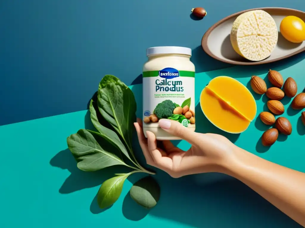 Alimentos ricos en calcio: una imagen detallada y vibrante Mano sosteniendo alimentos ricos en calcio, resaltando la importancia del calcio en suplementación para la salud ósea