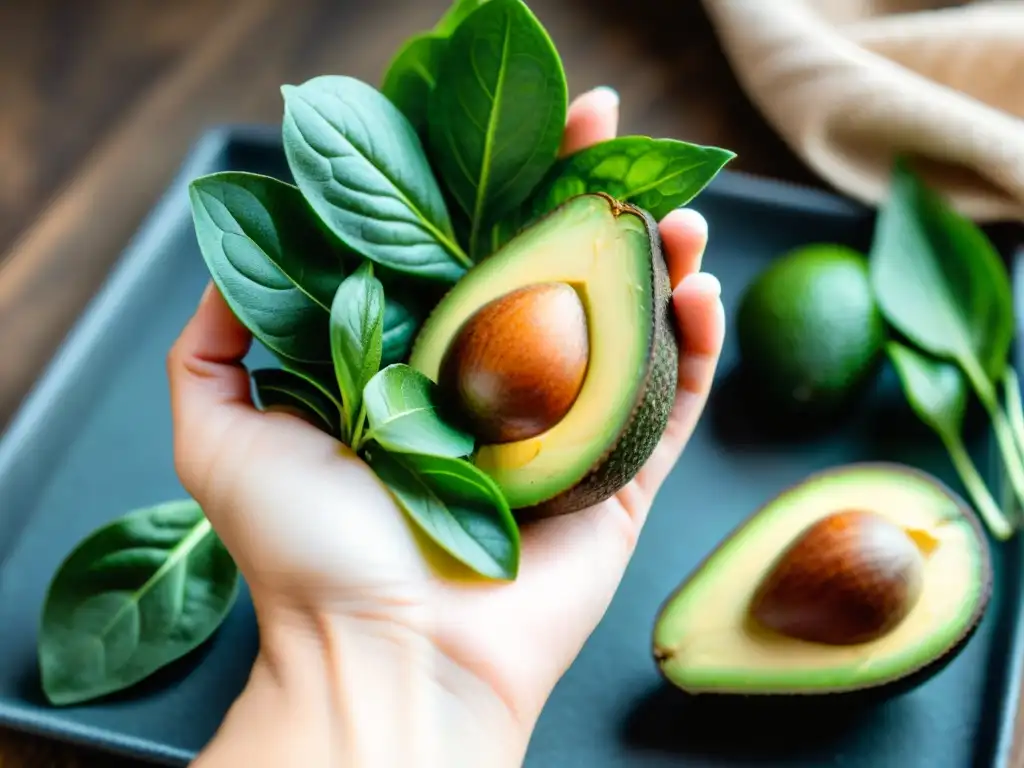 Mano sosteniendo alimentos ricos en magnesio: almendras, espinacas, aguacate Mano sostiene alimentos ricos en magnesio: almendras, espinacas y aguacates