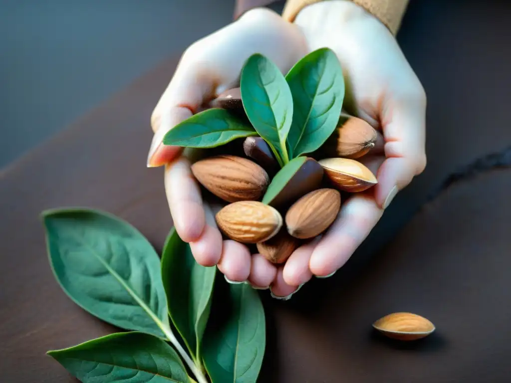 Mano con almendras, chocolate y espinacas: alto en magnesio Mano sostiene almendras, chocolate y espinacas, ricos en magnesio