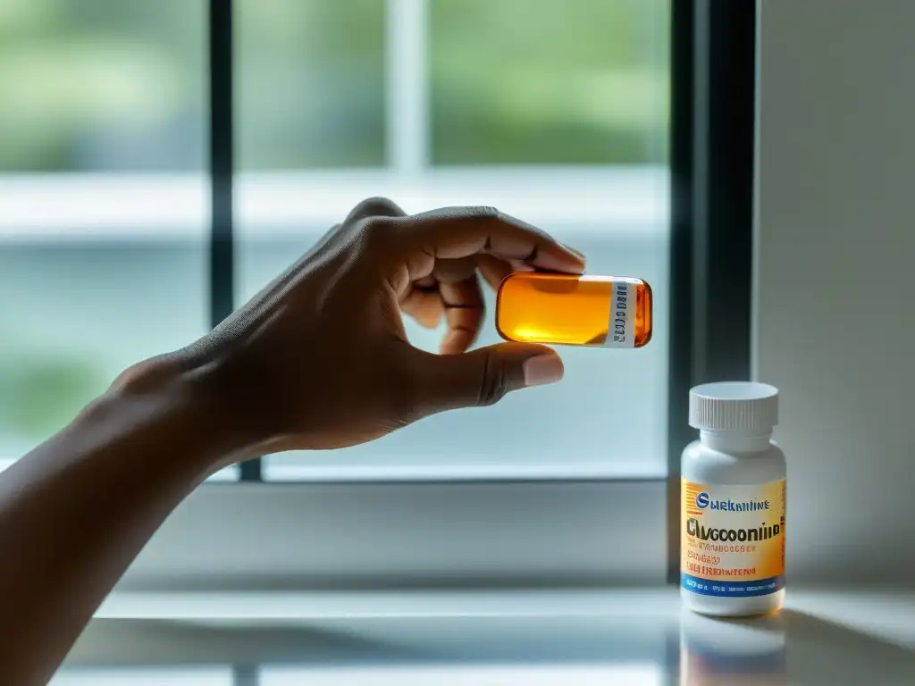 Contraste de Medicamentos: Glucosamina y Anticoagulantes Mano colocando glucosamina y anticoagulantes en encimera blanca, interacción cuidadosa, luz natural