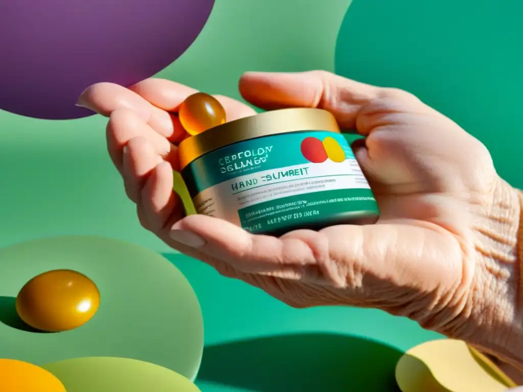 Suplementos para ancianos: Detalles envejecidos y vitales Mano arrugada sostiene suplementos para combatir fragilidad en la vejez, detallados y coloridos