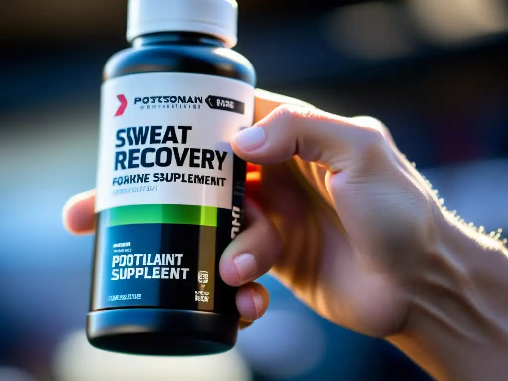 Mano de atleta alcanzando suplemento de recuperación Mano de atleta alcanzando suplementos para recuperación rápida Ironman, con brillo de sudor y determinación en el fondo difuminado