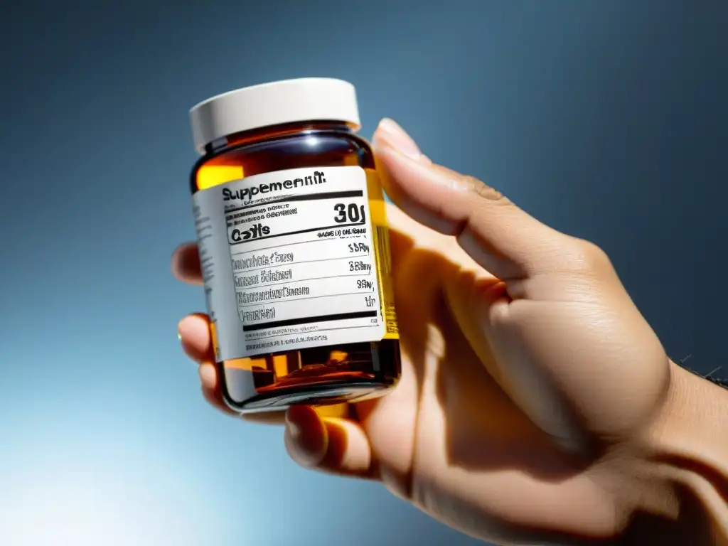 Detalle transparente: mano sosteniendo botella de suplementos con lupa Mano sostiene bote transparente de suplementos con ingredientes detallados