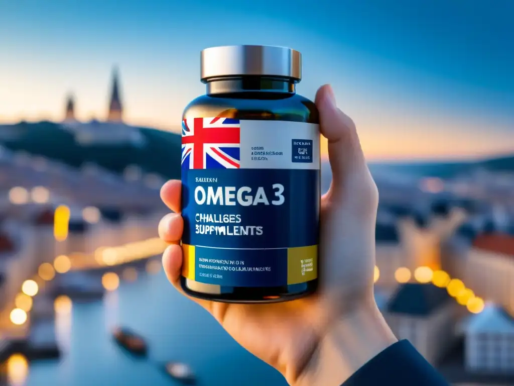 Suplementos Omega3: Desafíos PostBrexit Mano sosteniendo botella de Omega 3 suplementos postBrexit Europa en ciudad futurista, desafiando regulaciones y oportunidades