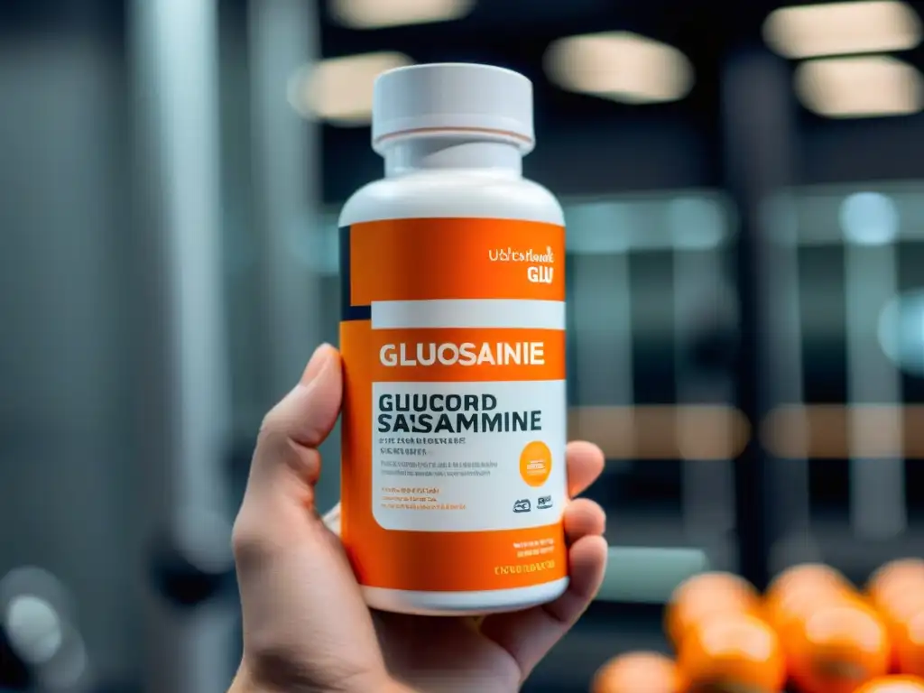 Suplementos de glucosamina y condroitina para CrossFit Mano sostiene botella de suplementos de glucosamina y condroitina en gimnasio moderno, resalta vitalidad