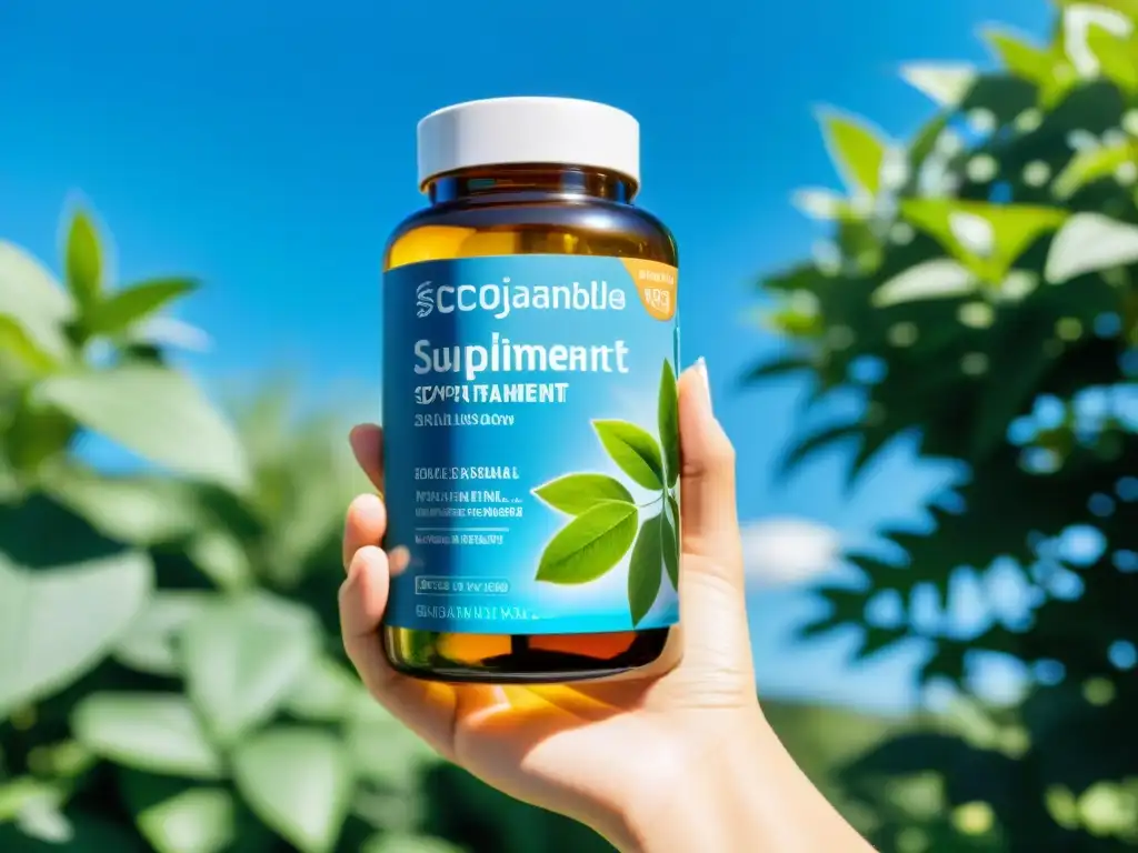Suplemento ecológico: naturaleza en un envase transparente Mano sosteniendo botella de suplementos nutricionales responsables sostenibles, entre vegetación exuberante y cielo azul