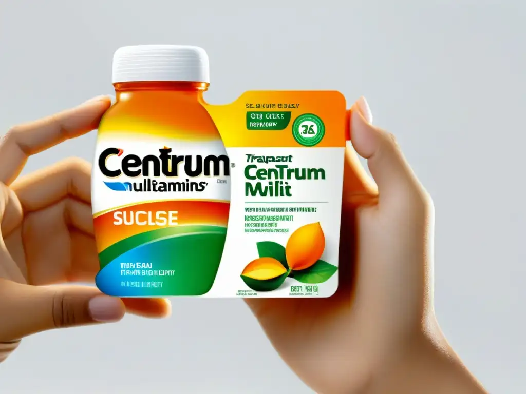 Vitaminas Centrum: Modernidad en un Frasco Mano sostiene botella transparente de multivitamínicos Centrum, reflejando modernidad y efectividad en su composición vibrante