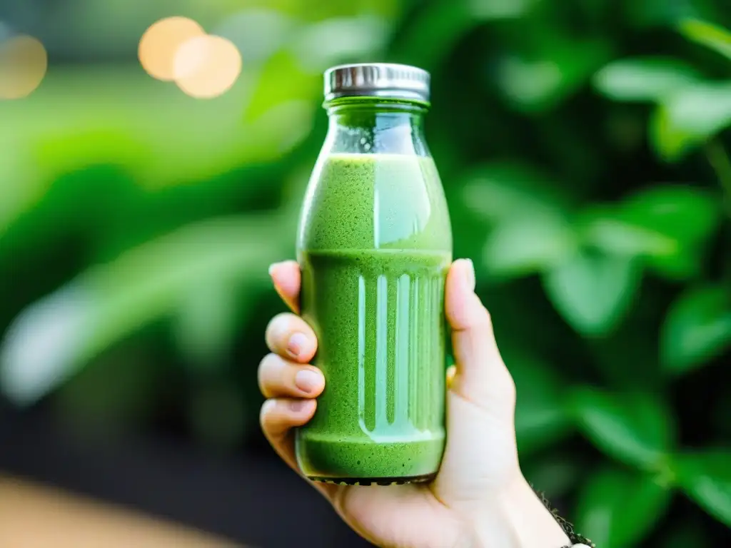 Mano sosteniendo botella de vidrio con batido verde Una mano sostiene una botella de vidrio con batido verde, mostrando huellas de actividad al aire libre