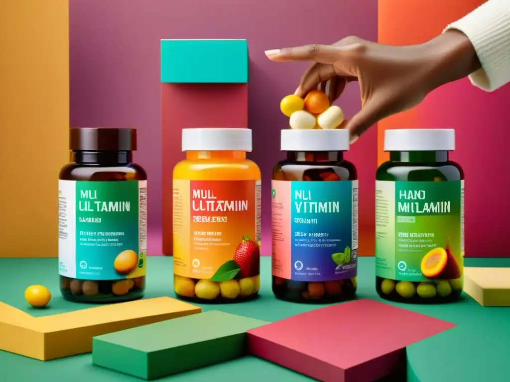 Mano sosteniendo multivitaminas, luz natural resalta colores Una mano sostiene botellas de multivitaminas deportivas en un ambiente profesional y detallado, resaltando su diseño y variedad