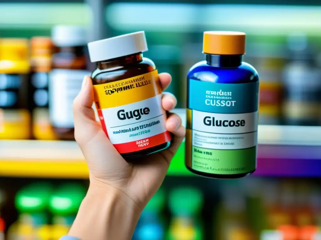 Mano sosteniendo suplementos para glucosa Una mano sostiene botellas de suplementos para controlar la glucosa, bañada en luz natural