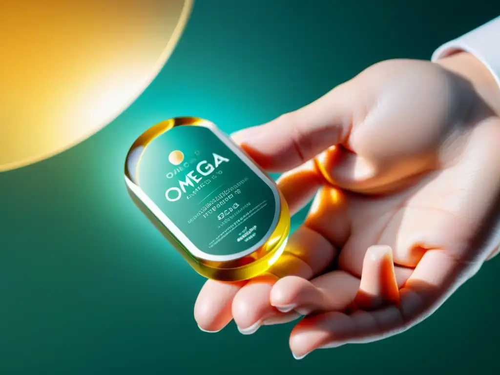 Omega 3: Detalles ultrarrealistas de cápsula transparente Mano sostiene cápsula de omega 3 para atención cerebral, con detalles y reflejos en envase moderno