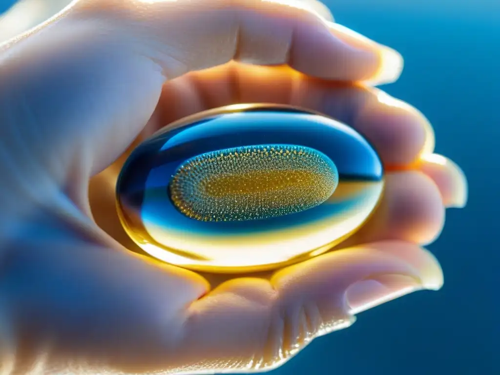 Omega-3 puro: la belleza de la naturaleza en una cápsula Mano sostiene cápsula omega3 sumergida en aceite dorado, reflejos de luz