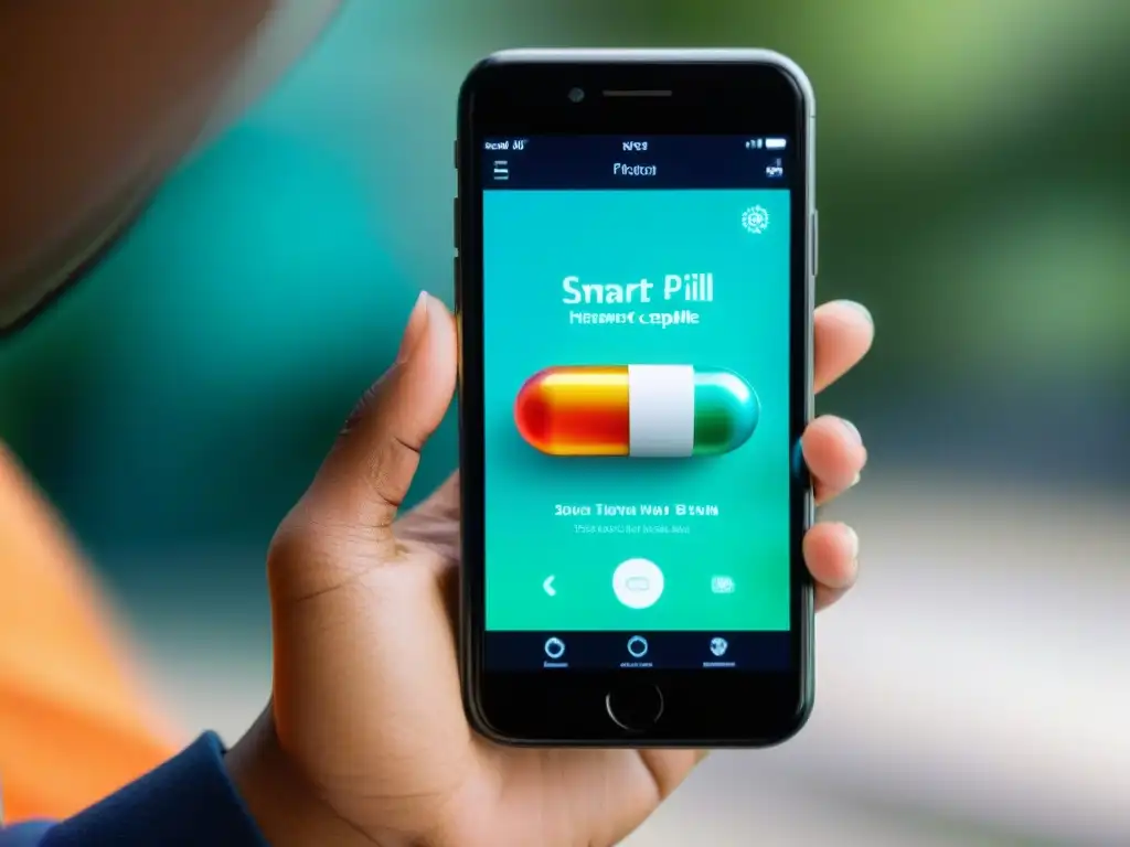 Smart pill y smartphone: la fusión del futuro Mano sostiene cápsula y smartphone