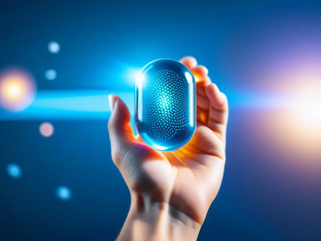 Captura futurista de mano sosteniendo cápsula de nootrópicos brillantes Una mano sostiene una cápsula transparente con nootrópicos futuristas, en un laboratorio moderno