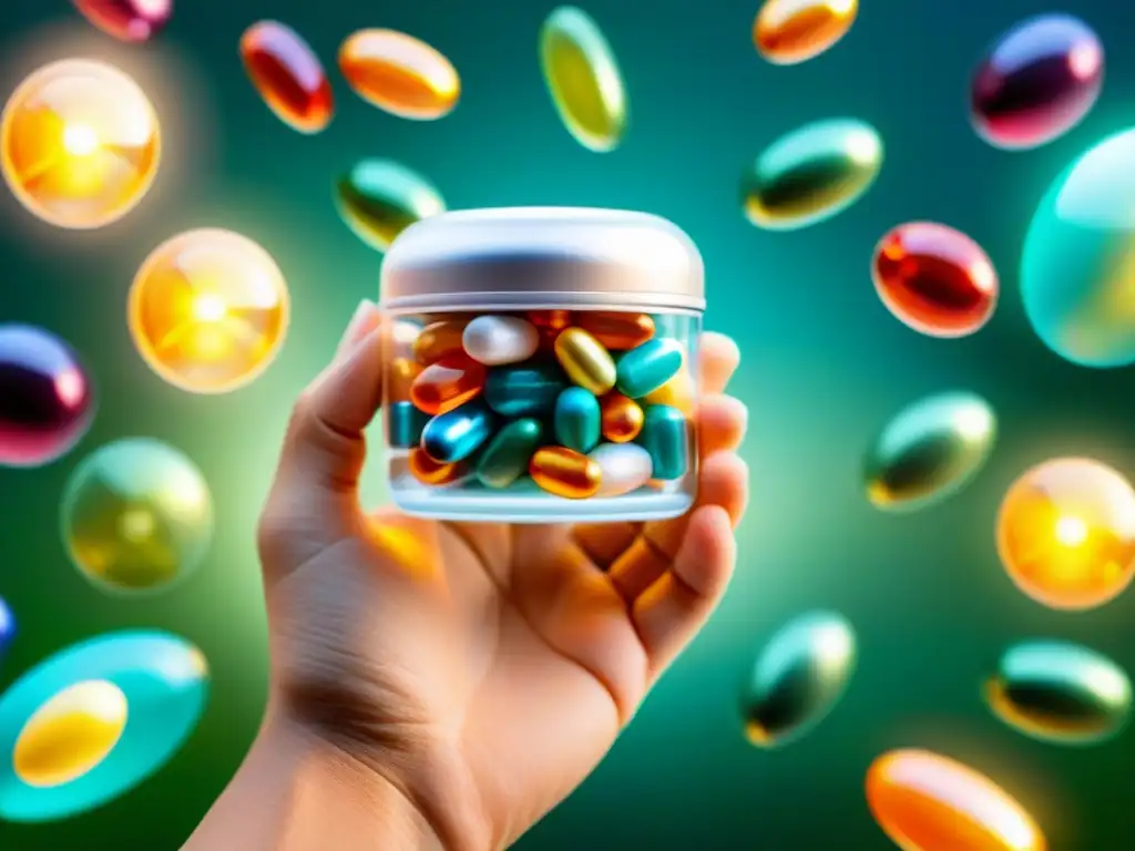 Suplementos Neuromusculares: Avances Científicos Mano sostiene contenedor de pastillas transparente con suplementos para recuperación neuromuscular en laboratorio futurista