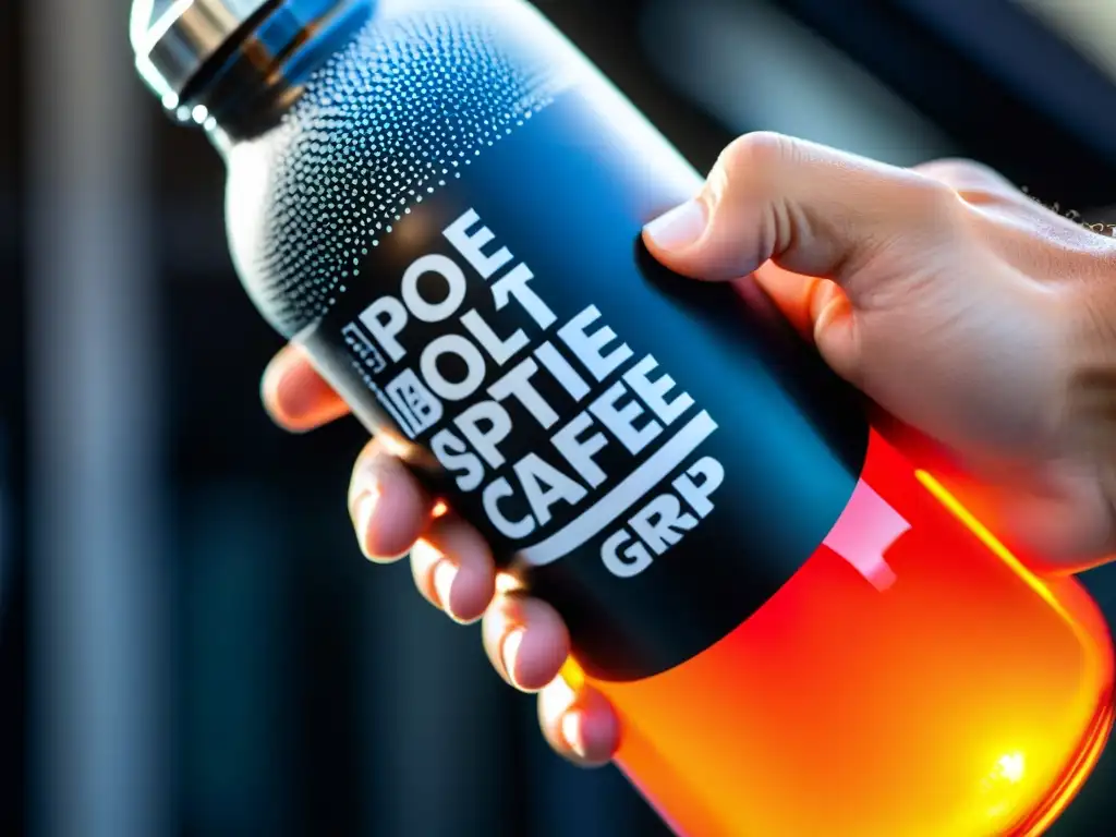 Agarre poderoso: atleta sosteniendo botella de agua Mano de deportista sujeta botella con diseño vibrante y eficaz, destacando efectos de la cafeína en deporte