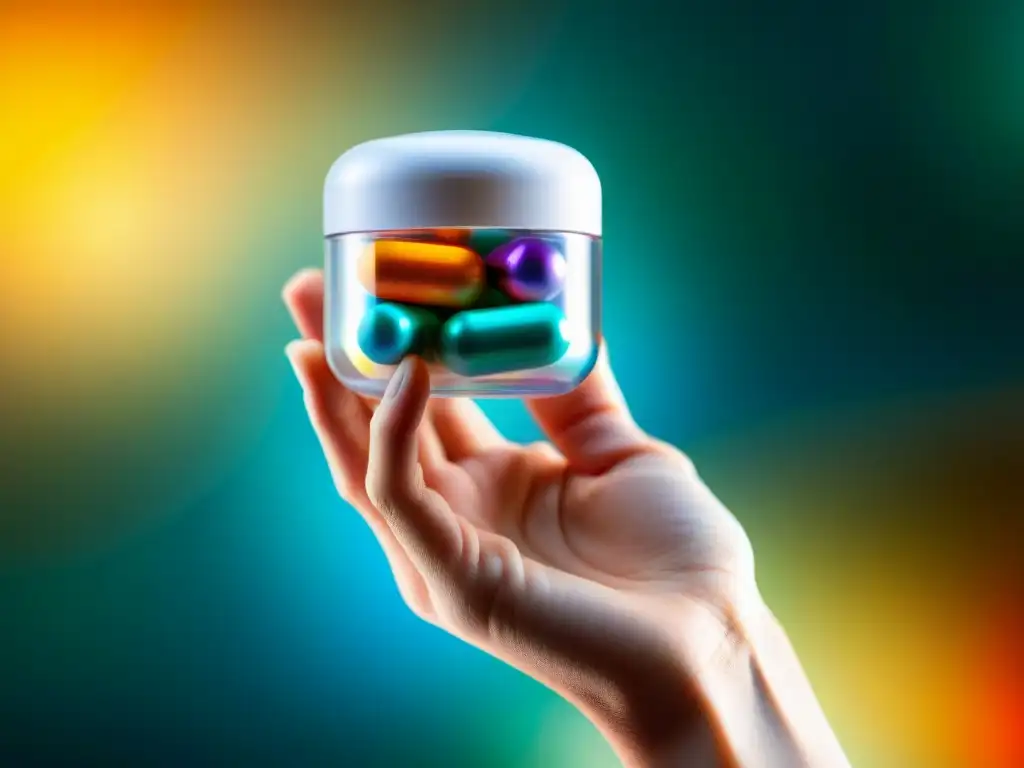 Mano elegante sostiene píldoras brillantes en contenedor moderno Mano sostiene elegante envase de píldoras de diseño moderno