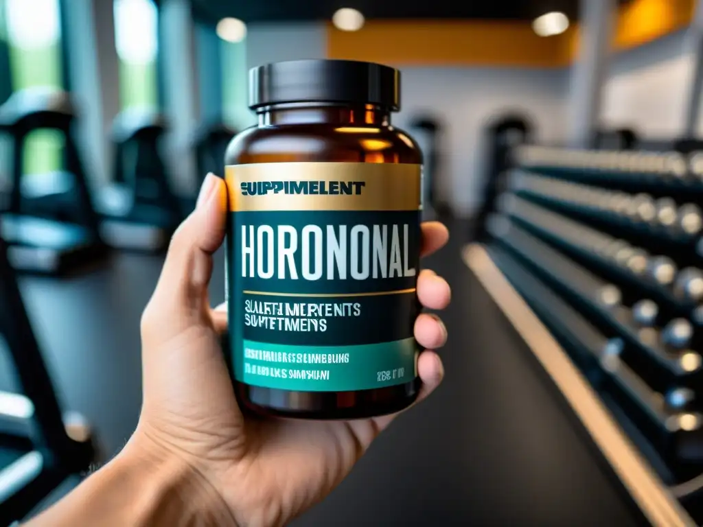 Suplementos hormonales: poder y riesgo Mano sostiene envase de suplementos hormonales con rótulo de riesgos y beneficios, en gimnasio