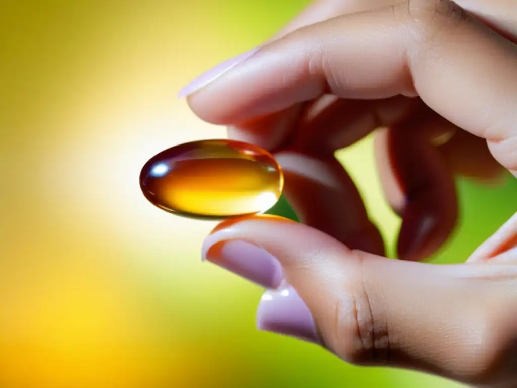 Mano radiante sostiene cápsula de vitamina E Una mano femenina sostiene una cápsula de vitamina E, mostrando los beneficios para piel y cabello