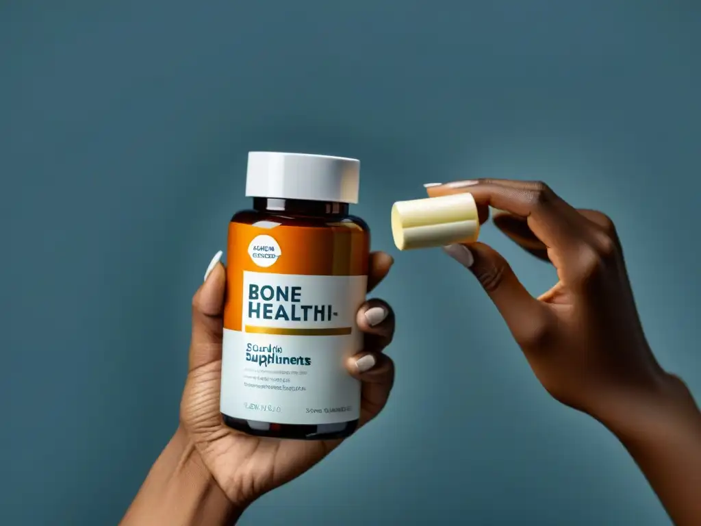 Suplementos para la salud ósea: belleza y calidad en un frasco Una mano femenina sostiene elegante botella de suplementos para la salud ósea