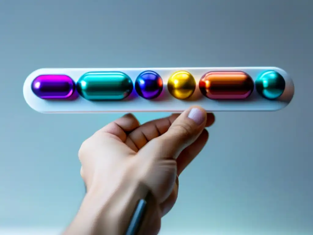 Suplementos nootrópicos: fórmulas futuristas en cápsulas Una mano sostiene una fila de cápsulas nootrópicas coloridas y futuristas sobre una superficie blanca impecable