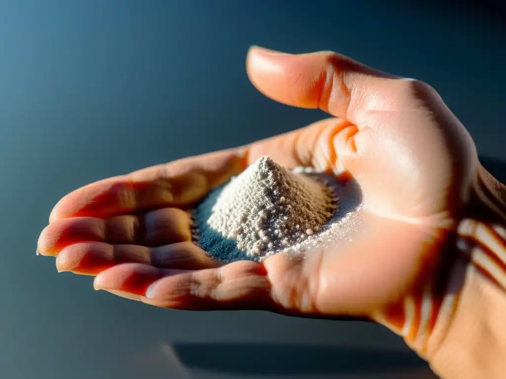 Detalle fascinante: mano sosteniendo polvo de citrato de magnesio Una mano sostiene con firmeza una pequeña pila de polvo de citrato de magnesio, iluminada suavemente por la luz natural