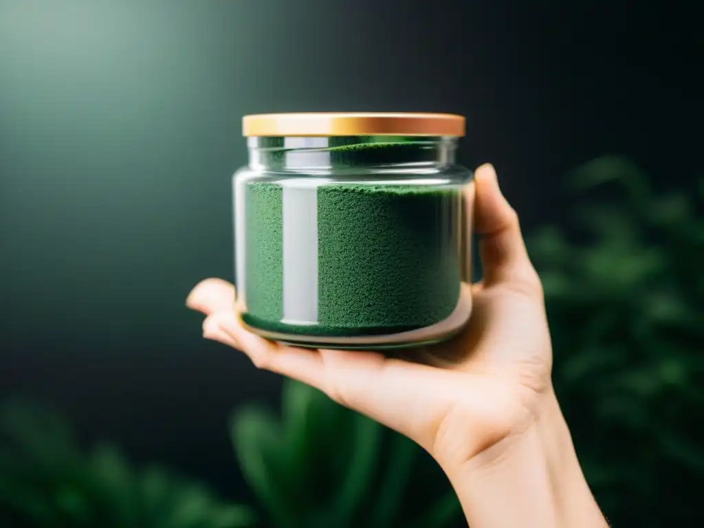 Detalle impactante: Espirulina verde en frasco transparente Mano sosteniendo frasco de espirulina verde vibrante en superficie negra, resaltando suplementos nutricionales ecológicos sostenibles