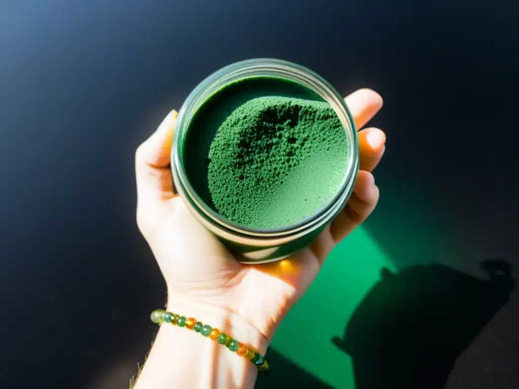 Spirulina verde vibrante en tarro transparente Una mano sostiene un frasco de espirulina verde vibrante sobre fondo negro mate, con luz solar filtrándose a través del polvo