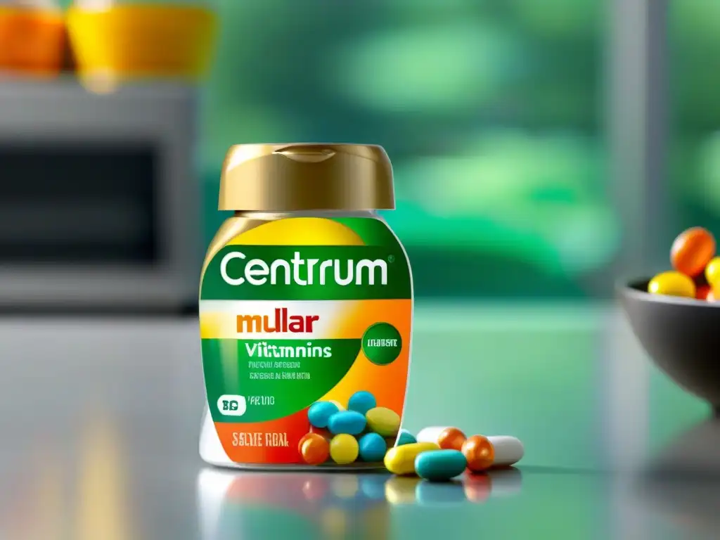 Vitaminas Centrum: Salud en tus manos Una mano sostiene un frasco de Centrum multivitamínicos, con píldoras coloridas visibles