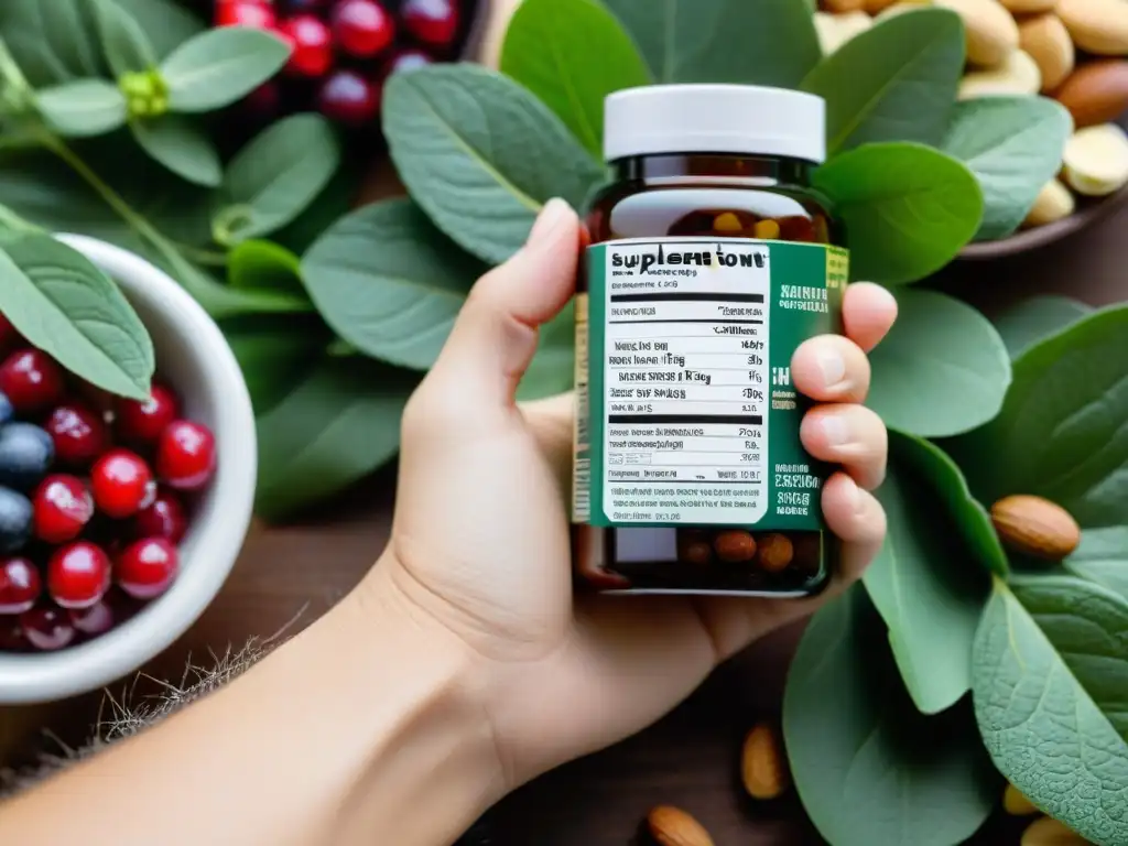Suplementos de aminoácidos y alimentos saludables en mano Una mano sostiene un frasco de suplementos de aminoácidos rodeada de alimentos cardiosaludables en un ambiente moderno y sofisticado