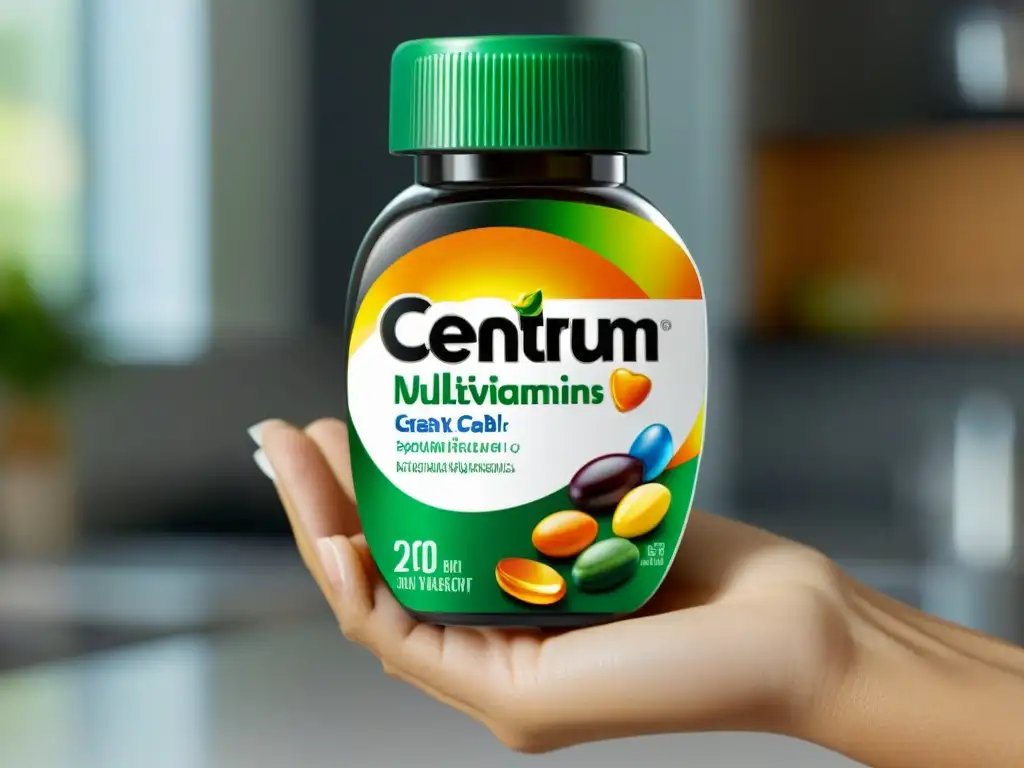 Mano sostiene frasco de Centrum con vitaminas, detalle ultrarrealista Mano sostiene frasco transparente de multivitamínicos Centrum, con cada píldora visible