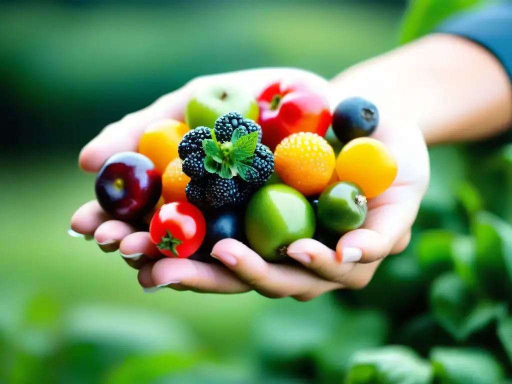 Mano sosteniendo frutas y verduras frescas, diversidad natural y vitalidad Una mano sostiene frutas y verduras frescas, vibrantes y variadas, evocando los beneficios de los suplementos sin OGM en un jardín exuberante