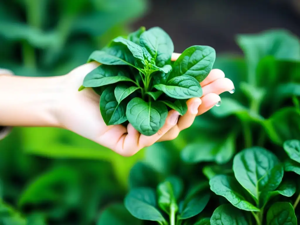 Mano sosteniendo espinacas frescas: vitalidad y salud Mano sosteniendo hojas verdes vibrantes con gotas de agua, resaltando los beneficios del magnesio en la dieta keto