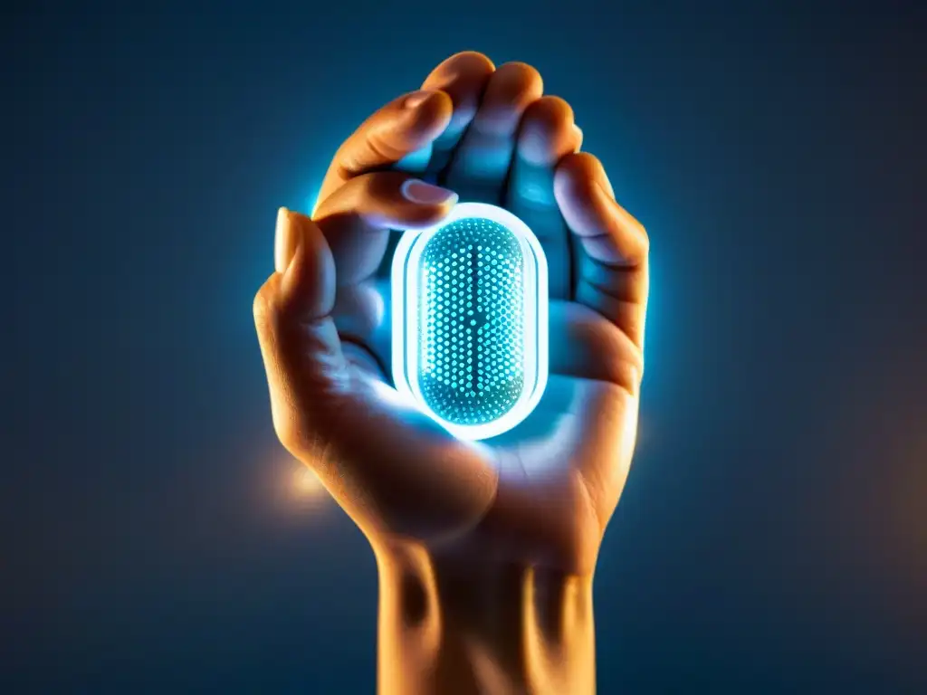 Mano humana sostiene píldora transparente con energía futurista Una mano humana sostiene una píldora transparente llena de energía brillante, rodeada por luz suave
