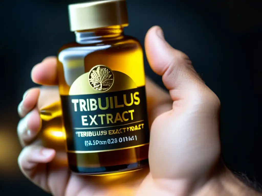 Mano masculina fuerte sostiene botella de Tribulus Terrestris, líquido dorado
