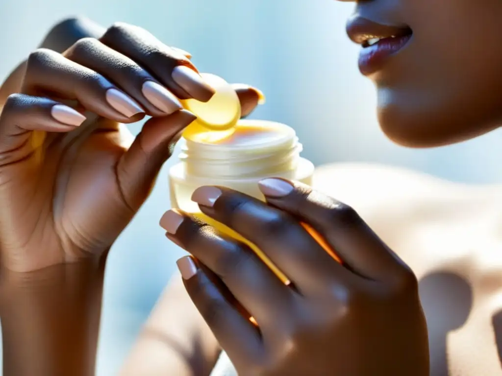 Aplicación de crema hidratante con vitamina E para piel radiante Mano de mujer aplica crema hidratante con vitamina E, piel radiante