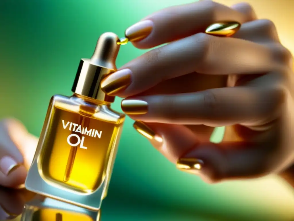 Mano radiante sostiene frasco de aceite de vitamina E Una mano de mujer sostiene un frasco de aceite de vitamina E, resaltando su brillo dorado