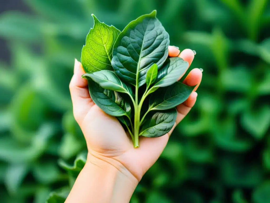 Mano de mujer sosteniendo hojas verdes frescas: detalle ultrarrealista Una mano de mujer sostiene hojas verdes, resaltando los beneficios del magnesio en la dieta keto