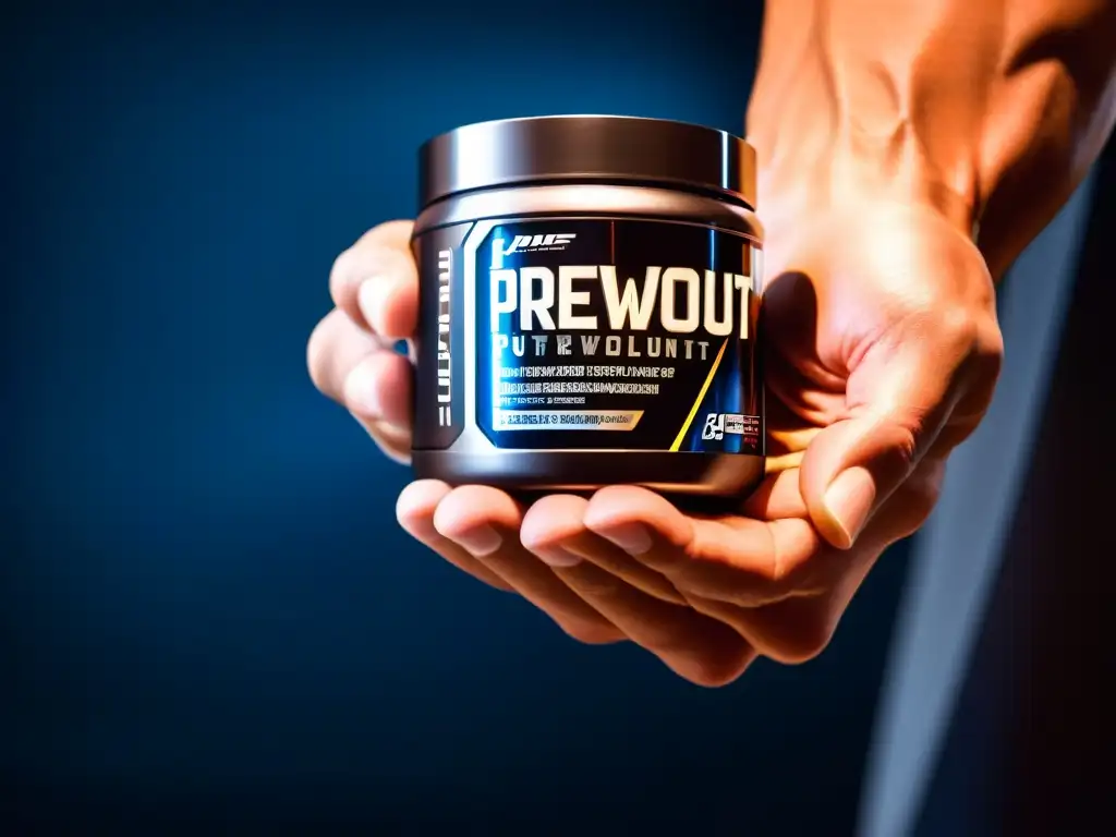 Agarre poderoso: atleta con suplemento de alta tecnología Mano musculosa de atleta sostiene envase futurista de suplemento preentrenamiento, resaltando rendimiento deportivo y beneficios