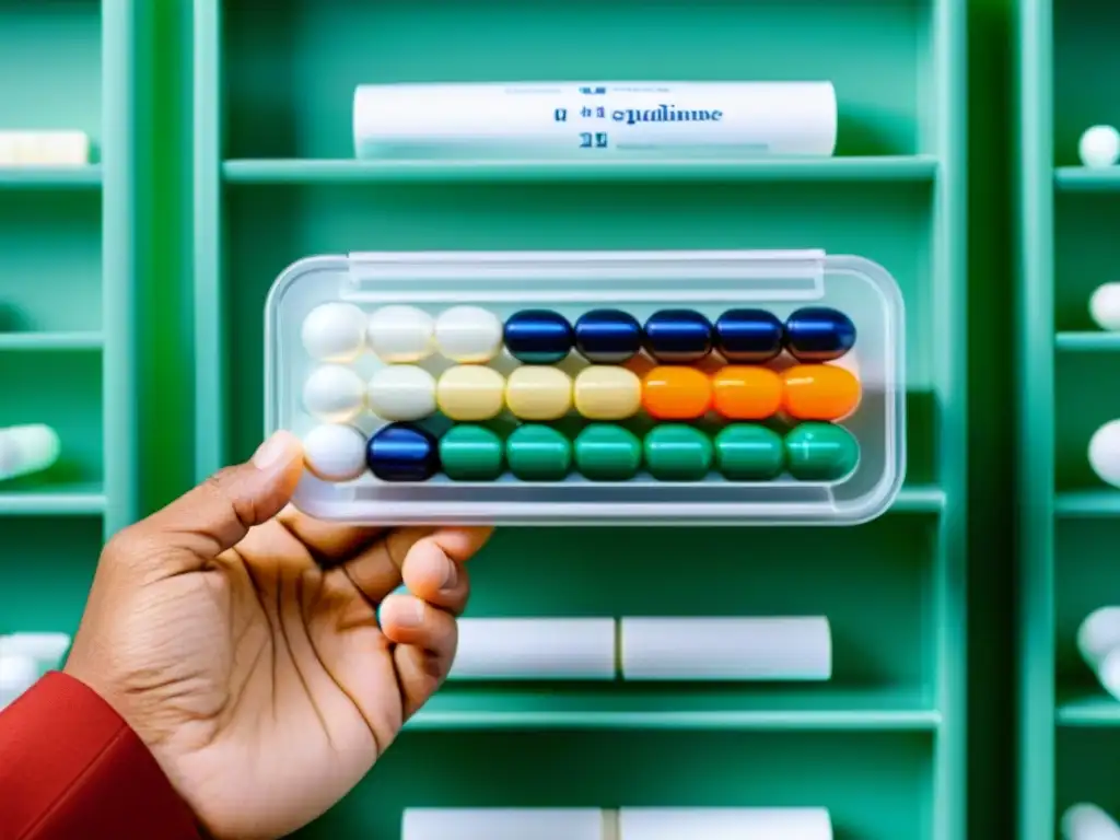 Manejo preciso de medicamentos: glucosamina y anticoagulantes Mano sosteniendo organizador de pastillas con glucosamina y anticoagulantes, reflejando cuidadoso monitoreo y gestión