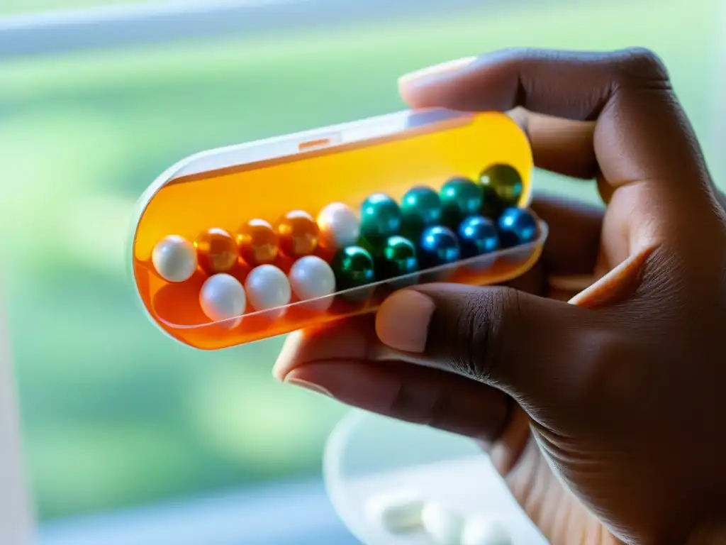 Suplementos para concentración: detalle ultrafino Una mano sostiene un organizador de pastillas lleno de suplementos para potenciar concentración deportiva, bañado por la suave luz de la mañana