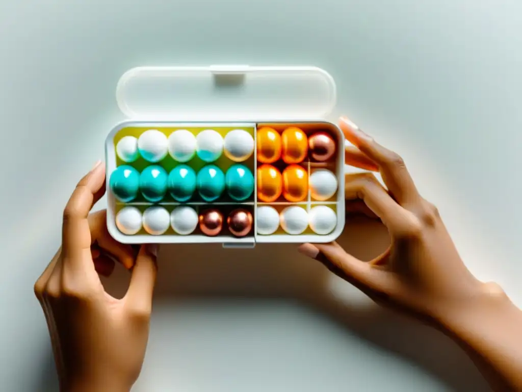 Organizador semanal de nootrópicos en mano Mano sostiene organizador de pastillas con nootrópicos de élite para dieta, en elegante composición minimalista