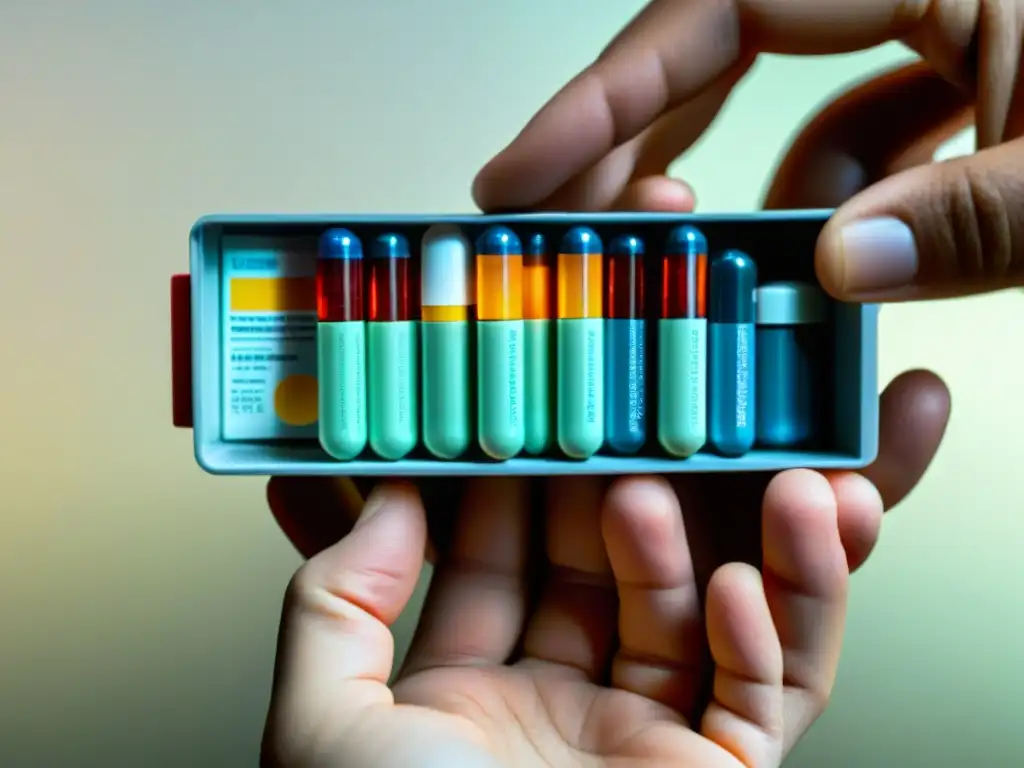 Complejidades de suplementos de hierro y medicamentos: una imagen detallada Mano sosteniendo organizador de pastillas con suplementos de hierro y medicamentos, mostrando complejidades y posibles interacciones