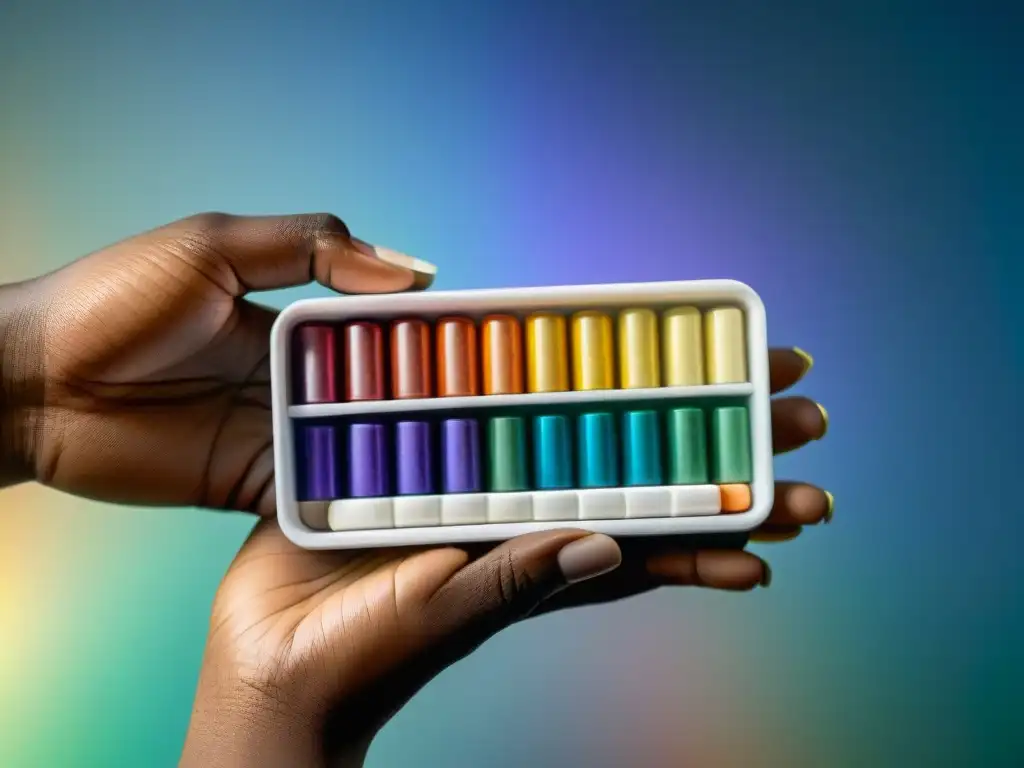 Mano sosteniendo organizador de píldoras con suplementos de colores Mano sosteniendo organizador de pastillas con suplementos para la ansiedad en exámenes en patrón de arcoíris brillante y organizado