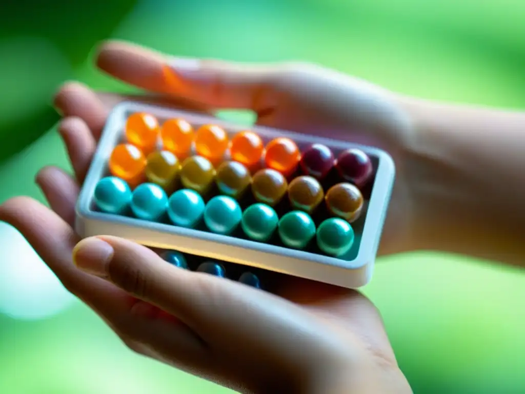 Mano firme cuidadosamente organiza suplementos Una mano sostiene un organizador de pastillas con suplementos de colores