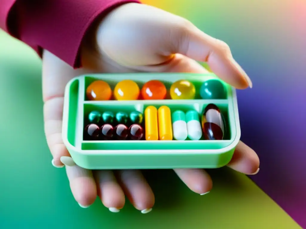 Mano sosteniendo organizador de suplementos vibrantes Una mano sostiene un organizador de pastillas con suplementos coloridos