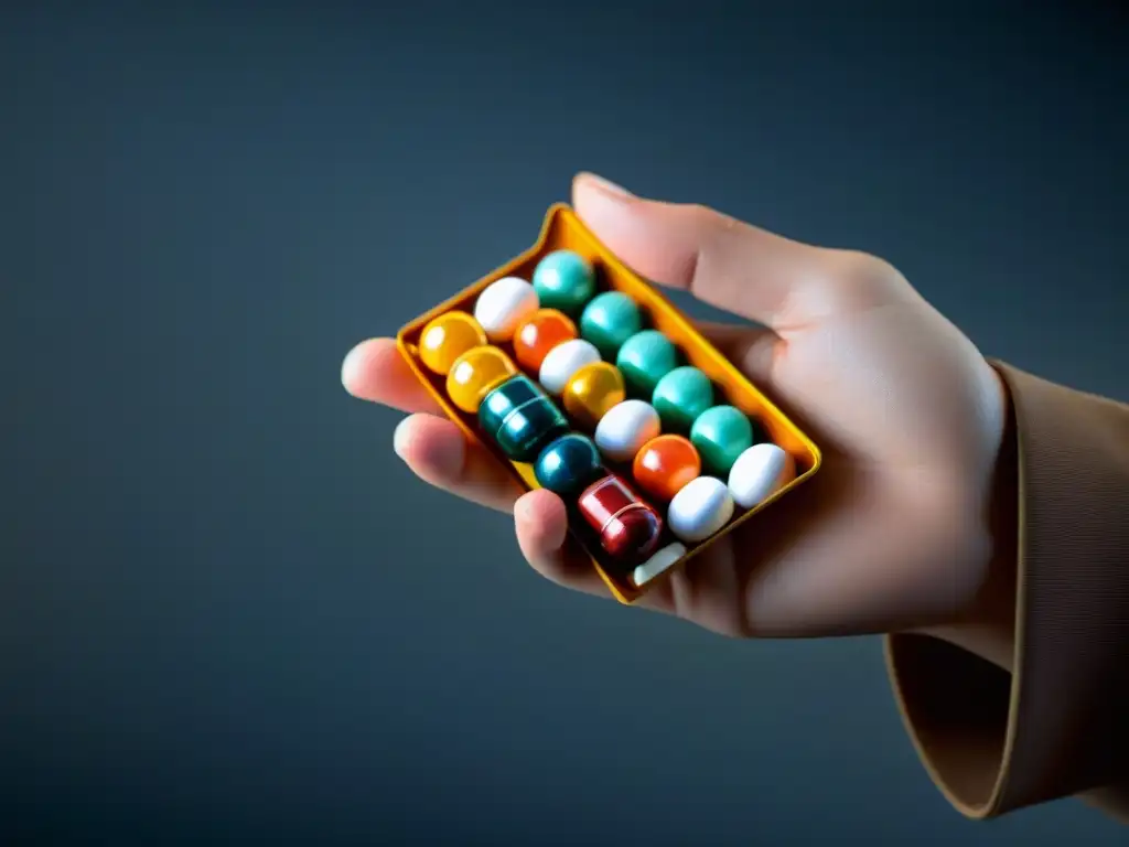 Suplementos para enfoque y energía: organizador de píldoras detallado Mano sosteniendo organizador de suplementos para potenciar concentración deportiva, con iluminación suave y tono profesional