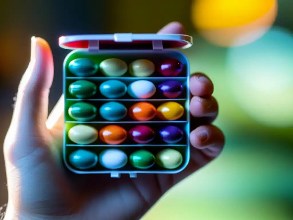 Detalle vibrante: mano sostiene organizador de píldoras Mano sostiene organizador de suplementos para recuperación neuromuscular, con luz y sombras, colores vibrantes y detalles